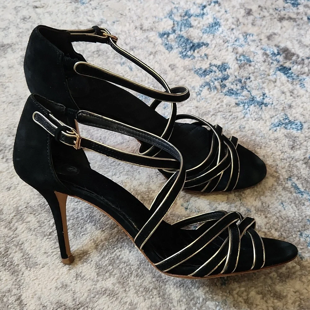 Tory Burch Women's Size 8.5 Breanna Black Gold Suede Leather Strappy Heels